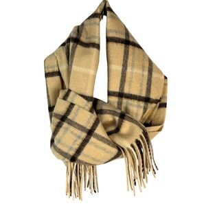 Charter Club Men 100% Cashmere Scarf 10x62 Tan Plaid Fringed Luxe Neutral Preppy